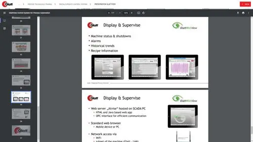 Media Glatt-Mediathek mit geöffnetem PDF-Viewer: Seite „Display & Supervise“ zu GlattWebView, Seitenleiste links
