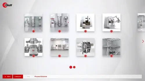Glatt-Sales-Anwendung: Übersicht der Process Solutions mit Kacheln der Maschinen als 3D-Vorschaubilder