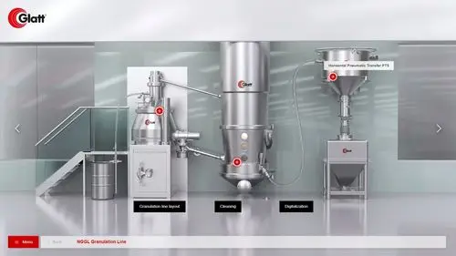 Glatt NGGL Granulation Line als 3D-Szene mit Granulator, Wirbelschichtanlage und pneumatischer Förderung
