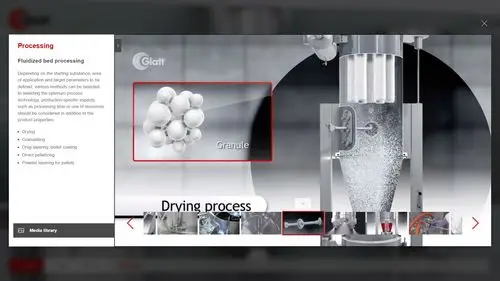 Overlay „Fluidized bed processing“: Animation des Trocknungsprozesses mit Granulat-Detail und Mediengalerie