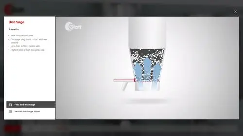Animation der Wirbelschicht-Entleerung (Fluid bed discharge) mit Vorteilsliste im Glatt-Informationsfenster