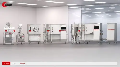 Glatt MultiLab als 3D-Laborszene: Reihe von Labor- und Pilotanlagen mit anklickbaren Hotspots