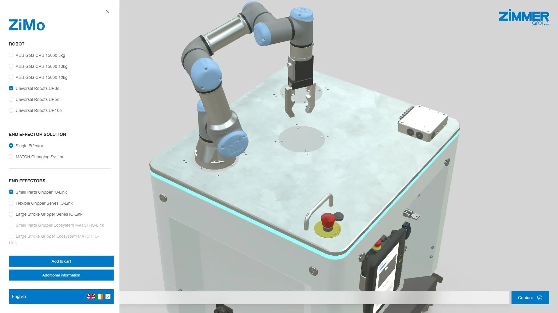 ZiMo Konfigurator: Auswahl Roboterarm und Position im 3D-Modell