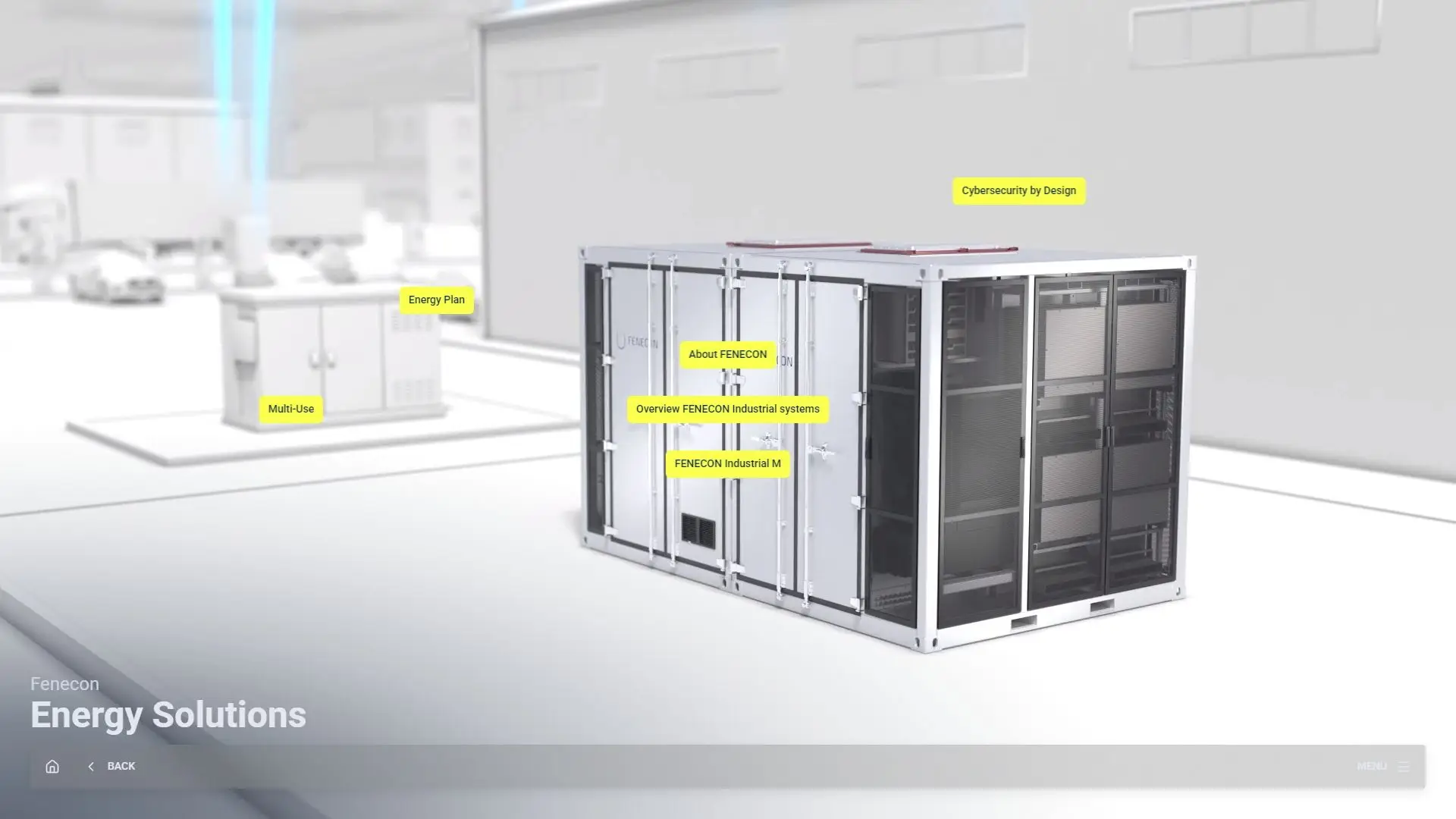 FENECON-Industrial-Speichersystem im Containerformat als 3D-Modell mit Hotspots in der Ansicht Energy Solutions