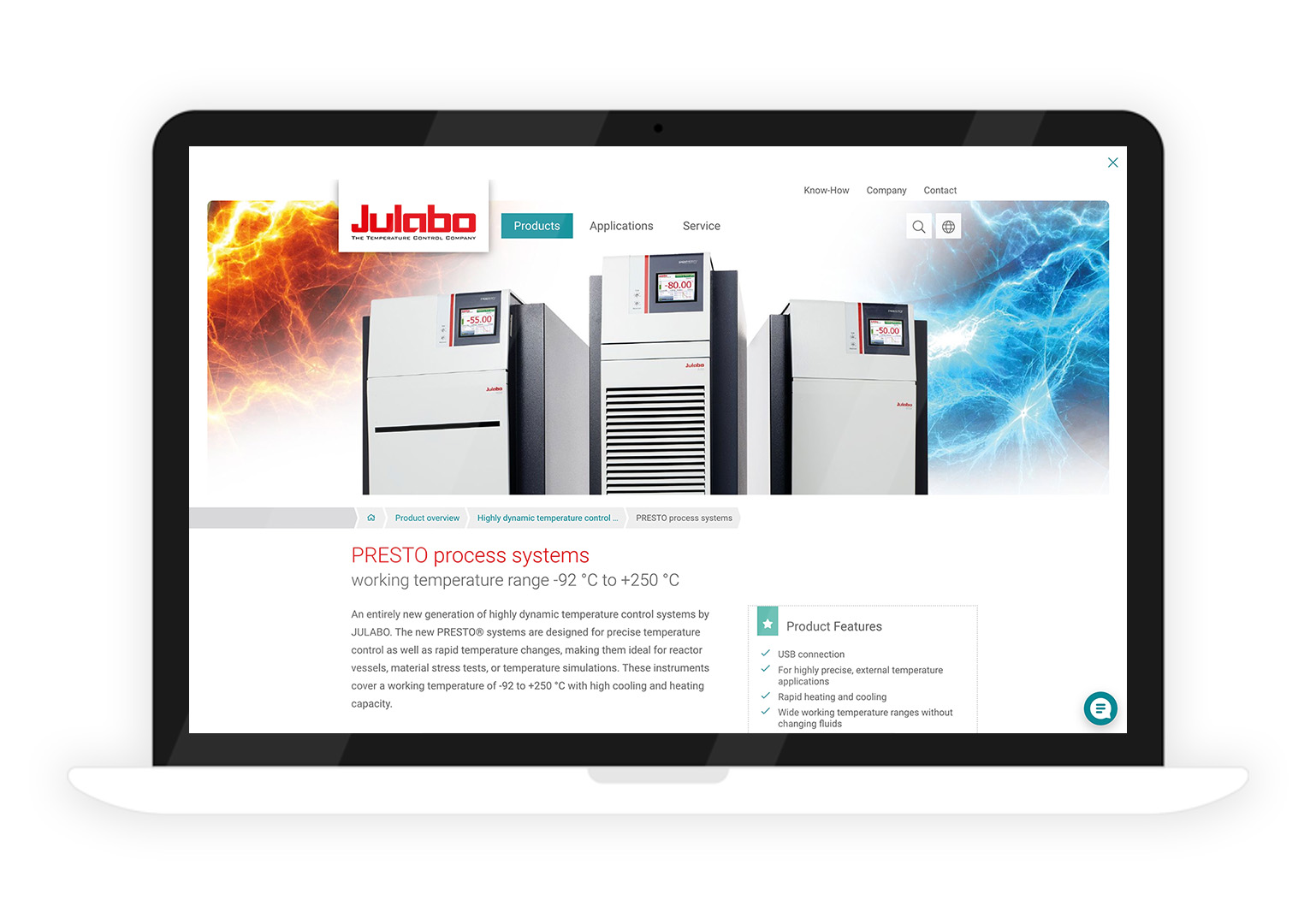 Produktansich in der Julabo World: Einbindung der Webseite